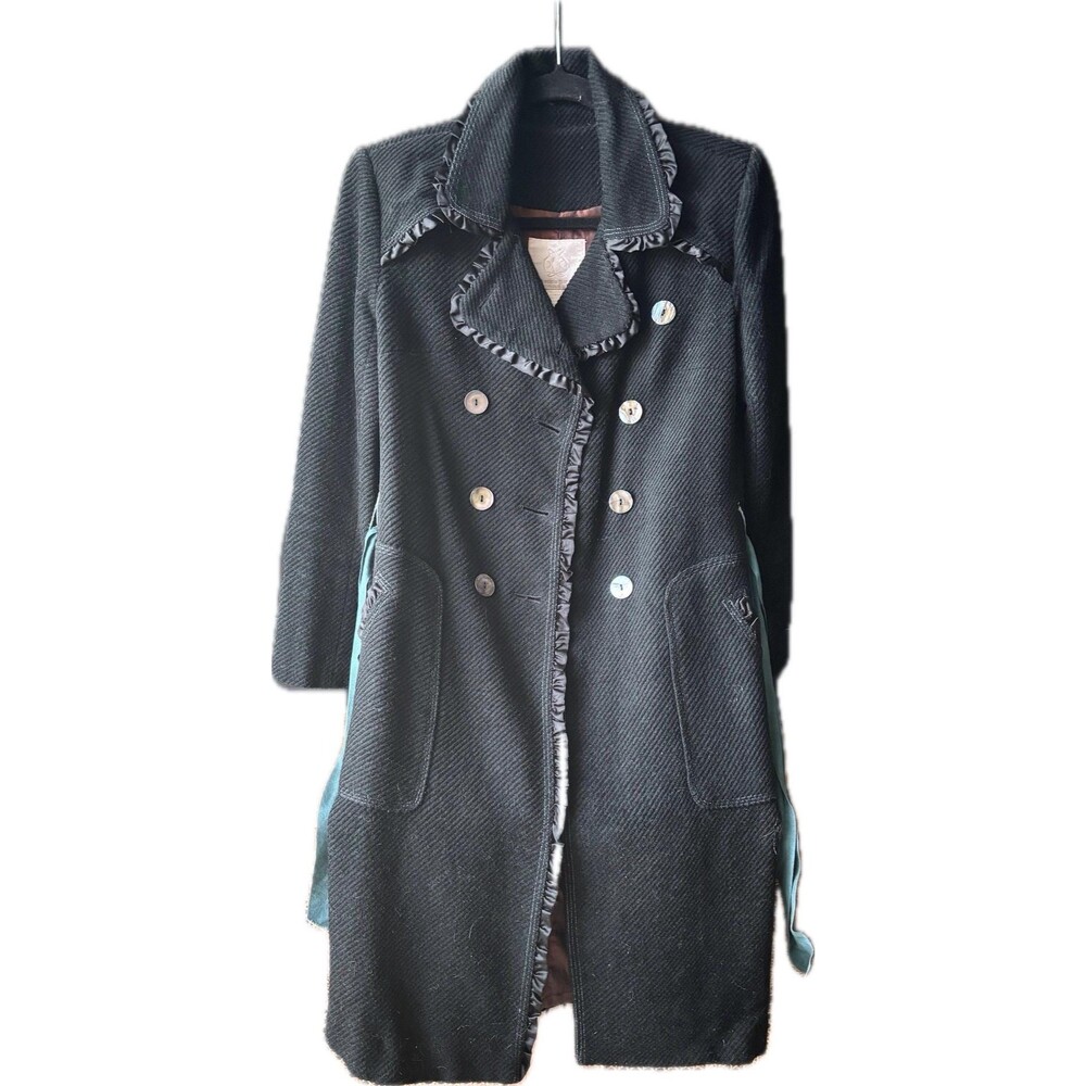 Vintage Wool Coat Rebecca Taylor Black Ruffle Trim Double Breasted Belted Romant